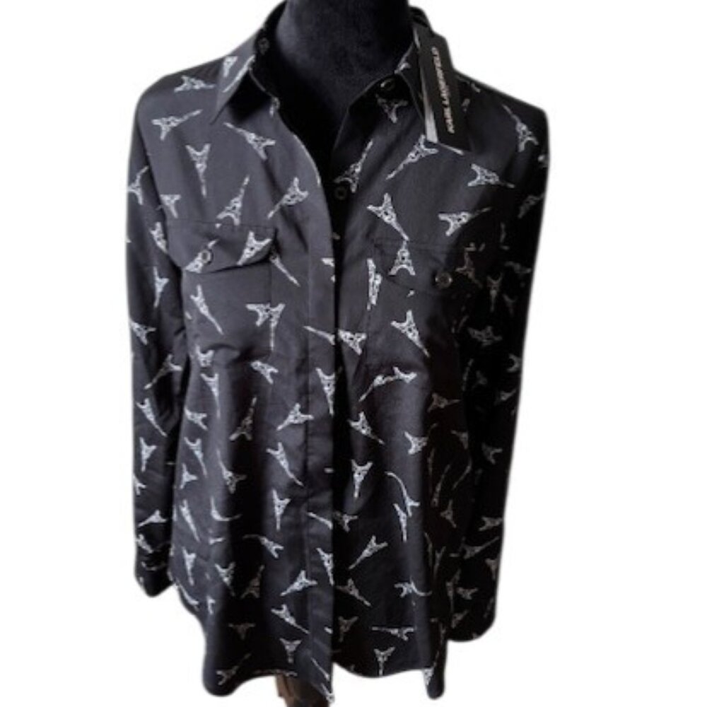 Karl Lagerfeld Black Paris Eiffel Tower Print Button Up Blouse Shirt NWT XS